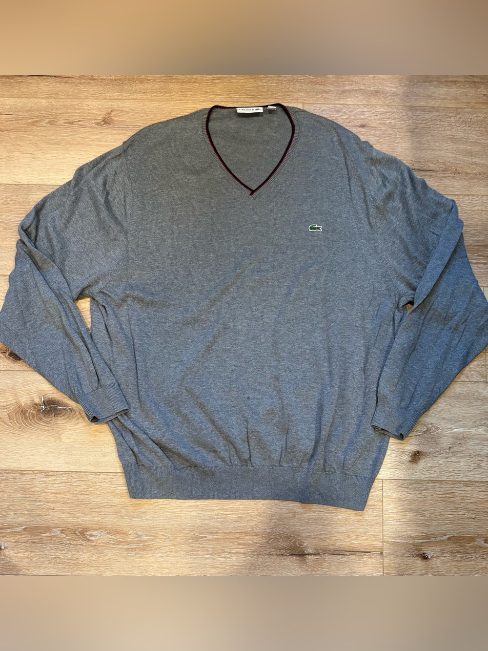Lacoste Men's V-Neck Sweater in Gray with Burgundy Trim size 3XL (fits like XL)